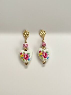 Juliet by Crystal Avenue Vintage porcelain style Floral Heart Drop Earrings